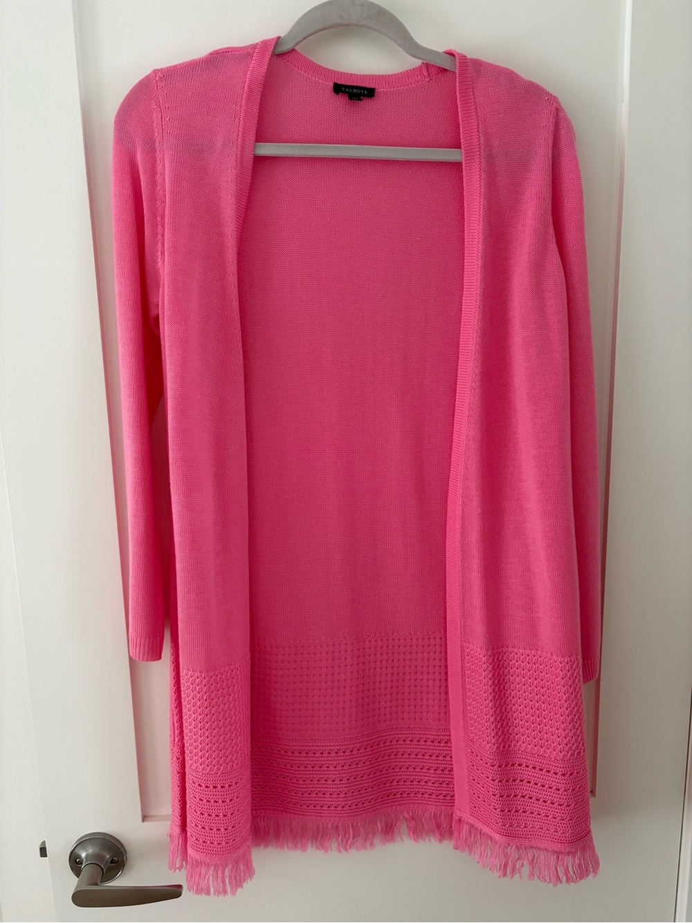 Talbots Cardigan Women XS Pink Open Front Fringe Tunic Length Knit Sweater